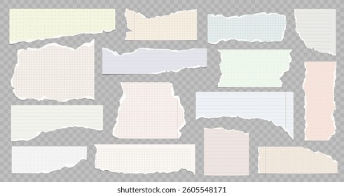 Collection of torn lined and squared paper strips. Ripped paper scraps with rough edges. Vector illustration of sticky notes and notebook pages for banners, posters.
