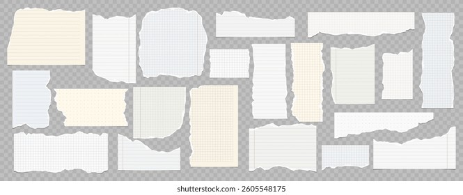 Collection of torn lined and squared paper strips. Ripped paper scraps with rough edges. Vector illustration of sticky notes and notebook pages for banners, posters.
