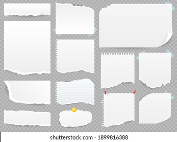 Collection of torn note sheets with notepad isolated on transparent background. Scraps of paper with sticky notes on paper clips. Vector illustration