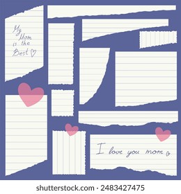 Collection of torn notebook sheets, math notes, notes, pieces of squared paper, scraps. Vector isolates.