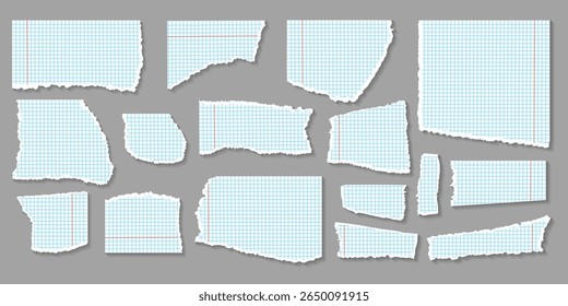 Uma coleção de papel rasgado com linhas azuis e vermelhas. O papel é de vários tamanhos e formas, e as linhas são irregulares e irregulares. Conceito de caos e desordem