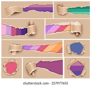 Collection torn paper with colored backgrounds. Vector illustration