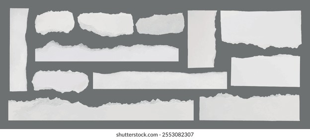 Collection of torn paper edges on a gray background. Torn paper textures, ripped paper designs, and jagged paper edges create a raw, artistic look. Ripped element set. Vectors.