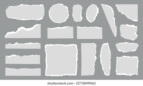 Collection of torn paper edges on a gray background. Torn paper, ripped,edges. Various shapes of torn paper, ripped paper edges. Gray element vector set.