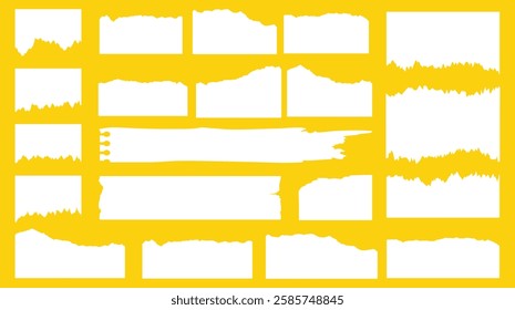 Collection of torn paper edges on a gray background. Torn paper textures, ripped paper designs, and jagged paper edges create a raw, artistic look. Ripped element set. Vectors.