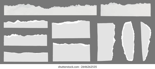 Collection of torn paper edges on a gray background. Torn paper strips, rough edges, ripped paper textures. Perfect for design, scrapbooking, or collage projects. Ripped paper element vector set.