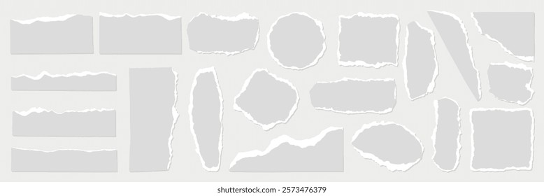 Collection of torn paper edges, ripped paper textures, torn designs. Various shapes of ripped paper, torn  pieces, ripped edges. Gray element vector set.