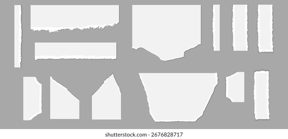 Eine Kollektion zerrissener Papierränder und -streifen auf neutralgrauem Hintergrund - ideal für grafische Gestaltungselemente