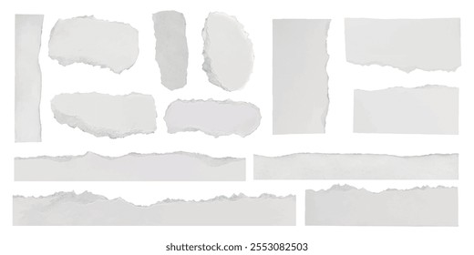 Collection of torn paper edges. Torn paper in various shapes. Ripped paper texture, torn style. White ripped paper pieces, isolated on white. Ripped element set. Vectors.