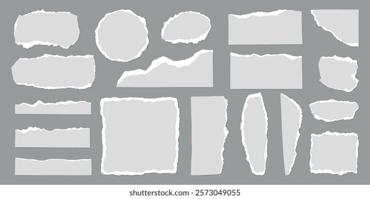 Collection of torn paper edges in various shapes. Torn paper textures, ripped paper designs, and jagged paper edges on a gray background. Gray element vector set.