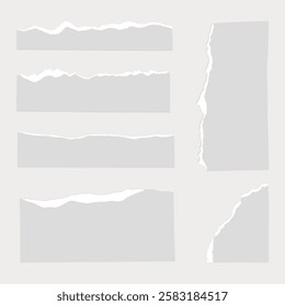 Collection of torn paper edges in various shapes. Torn paper with rough edges. Ideal for design projects needing torn paper effects. Torn paper texture included. Gray element vector set.