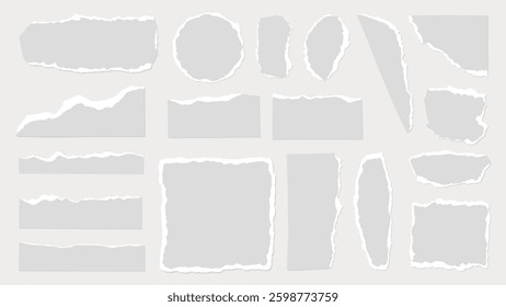 Collection of torn paper edges, various shapes and sizes. Torn paper textures, ripped paper effects, and jagged edges on a light background. Gray element vector set.