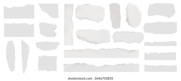 Collection of torn paper edges. Various shapes of ripped paper. Torn paper texture. Ripped strips. Torn edges for design projects. Ripped paper element vector set.