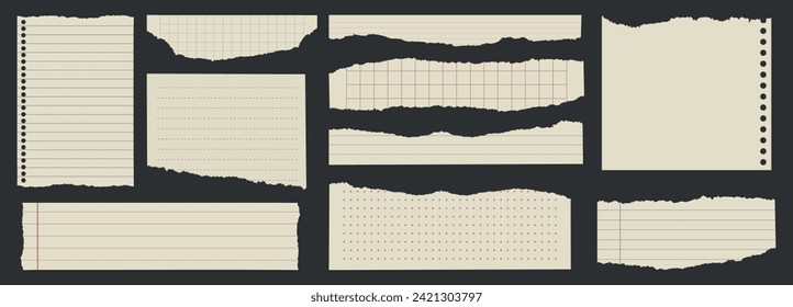 Collection of torn paper notebooks. Realistic scraps, checkered notebooks, notes, torn notebook, torn pages. Modern vector illustration.