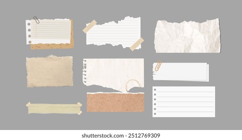 A collection of torn paper notes and scraps in various textures and shapes, ideal for creative design projects, digital collages, and scrapbooking elements. Each piece has a unique look, from crumpled