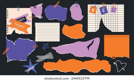 Collection de papier déchiré, notes, billets, clips papier, bloc-notes. Collage d'éléments à la mode - étoiles, coeurs. Alphabet. Illustration vectorielle. Isolé. Ensemble de ruban écossais. Retro et y2k. Conception à plat