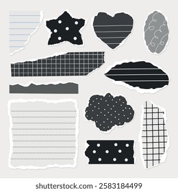 A collection of torn paper notes in various shapes like stars, hearts, and clouds. Patterns include stripes, grids, and polka dots. Black and white design elements. Gray element vector set.