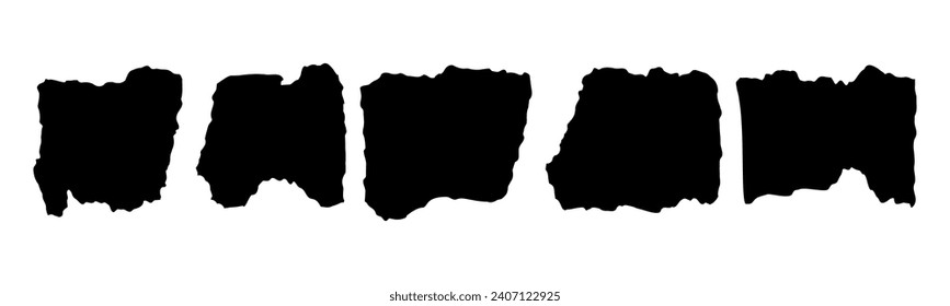Collection of  torn paper pieces. Black square frames with Irregular edges.Set of silhouettes of ripped rectangular shapes. Piece of grunge collage stickers.