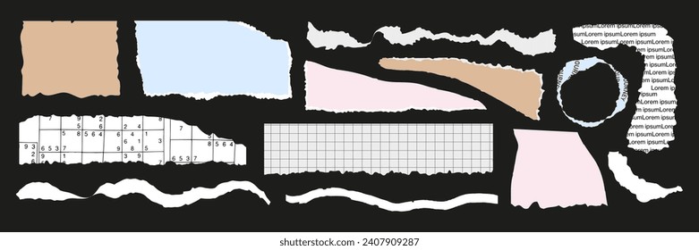 Collection of  torn paper pieces. Black square frames with Irregular edges.Set of silhouettes of ripped rectangular shapes. Piece of grunge collage stickers.