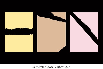 Colección de piezas de papel rotas. Marcos cuadrados negros con bordes irregulares.Conjunto de siluetas de formas rectangulares arrancadas. Pieza de pegatinas de collage de grunge.