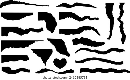Collection of  torn paper pieces. Black square frames with Irregular edges.Set of silhouettes of ripped rectangular shapes. Piece of grunge collage stickers.