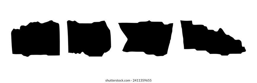 Collection of  torn paper pieces. Black square frames with Irregular edges.Set of silhouettes of ripped rectangular shapes. Piece of grunge collage stickers.