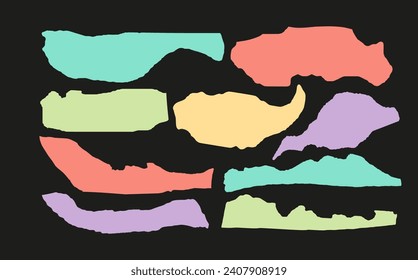 Colección de piezas de papel rotas. Marcos cuadrados de colores con bordes irregulares.Conjunto de siluetas de formas rectangulares arrancadas. Pieza de pegatinas de collage de grunge.