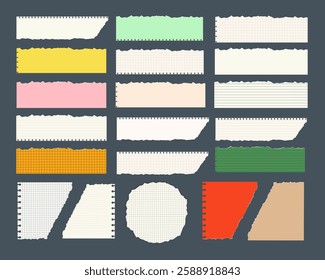 A collection of torn paper pieces with different colors and sizes.