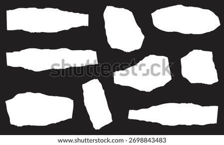 Collection of torn paper pieces in different shapes on black backdrop. Vector set of various paper scraps for design elements and collages.