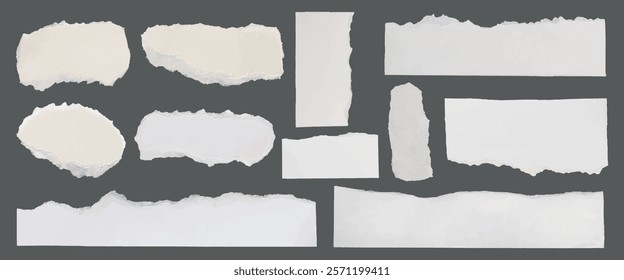 Collection of torn paper pieces. Torn edges, various shapes. Torn paper, rough texture. Torn paper pieces, white and off-white, isolated on gray. Ripped paper element set. Vectors.