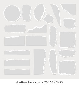 Coleção de pedaços de papel rasgados. Bordas rasgadas, papel rasgado, várias formas. Textura de papel rasgado, aparência rasgada, elementos de design de papel rasgado. Conjunto de vetores de elemento cinza.