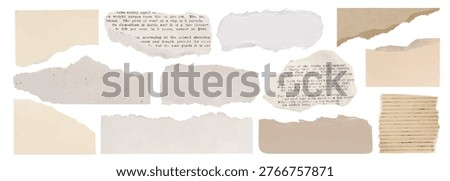 Collection of torn paper pieces, featuring various textures and colors. Torn paper with text, blank torn paper, and textured torn paper for creative projects. Element vector set.