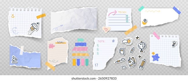 Collection of torn paper pieces with ripped edges, notepad sheets, tape strips, school themed stickers, decoration and marker sketches. Vector set of isolated elements for collage, education concept.