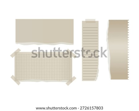 Collection of torn paper pieces, some with grid and lined patterns, attached with tape on white.