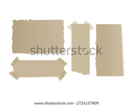 Collection of torn paper pieces, some with grid and lined patterns, attached with tape on white.
