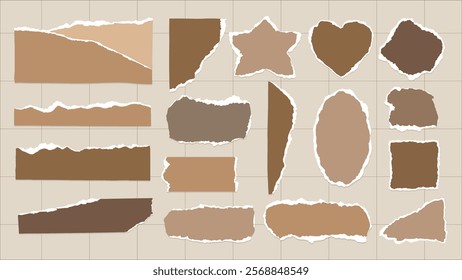 A collection of torn paper pieces in various shapes and shades of brown. Torn paper with rough edges, brown paper textures, and diverse shapes. Brown element vector set.