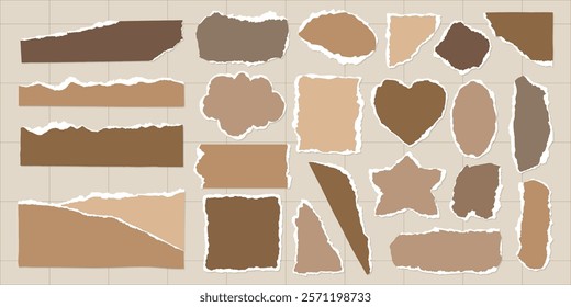 Collection of torn paper pieces in various shapes and shades of brown. Torn paper textures, torn edges, and brown tones create a rustic, artistic look. Brown element vector set.