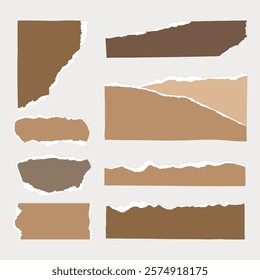 A collection of torn paper pieces in various shades of brown. Torn paper edges create texture. Brown paper, and textured paper in a collage. Brown element vector set.