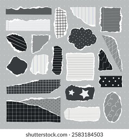 A collection of torn paper pieces with various patterns, including grid, polka dots, and lines. Torn paper, grid patterns, and polka dots on display. Gray element vector set.