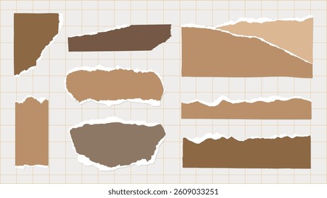 Collection of torn paper pieces in various shades of brown on a grid background. Torn paper, brown shades, grid. Perfect for scrapbooking, crafts, design projects. Brown element vector set.