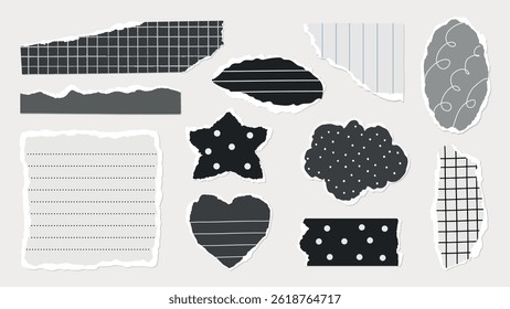 Collection of torn paper pieces with various patterns: stripes, polka dots, grids. Black and white torn paper, textured paper, decorative paper designs. Gray element vector set.
