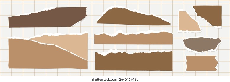 Collection of torn paper pieces in various shades of brown on a grid background. Torn paper textures create a rustic, vintage feel. Ideal for scrapbooking or crafts. Brown element vector set.