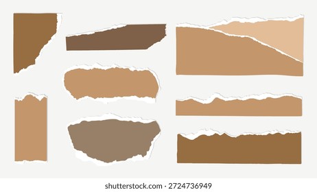 Coleção de pedaços de papel rasgado em vários tons de marrom. Bordas rasgadas, tons marrons e texturas de papel criam um conjunto versátil para projetos criativos. Projetar vetor de elemento.