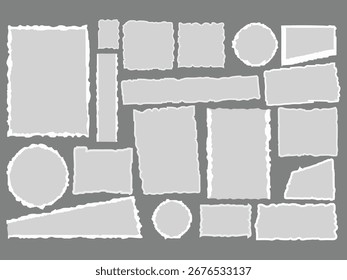Collection of torn paper scraps and circles on a gray background.