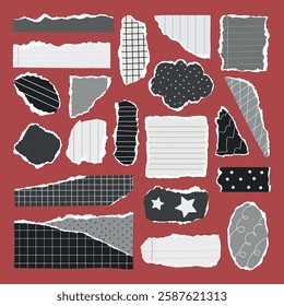 Collection of torn paper scraps on a red background. Torn paper with various patterns: grid, polka dots, stripes. Torn paper collage for creative projects. Gray element vector set. - Powered by Shutterstock - Get 15% off with code: PIKWIZARD15
