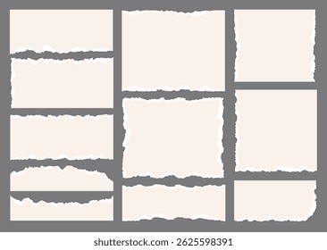 Collection of torn paper scraps: thin, square, rectangular, long pieces of light beige color