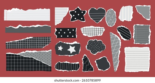 Collection of torn paper scraps in various shapes and patterns on a red background. Includes stars, hearts, and lined paper designs. Torn paper, patterns, shapes. Gray element vector set.
