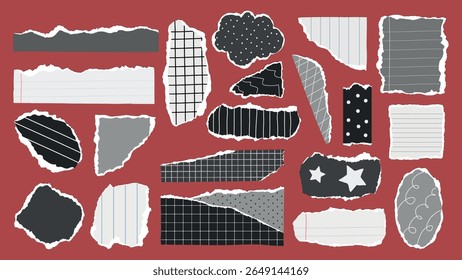 Uma coleção de restos de papel rasgado com vários padrões em um fundo vermelho. Inclui designs de pontos com linhas, grades e polcas em preto, branco e cinza. Conjunto de vetores de elemento cinza.