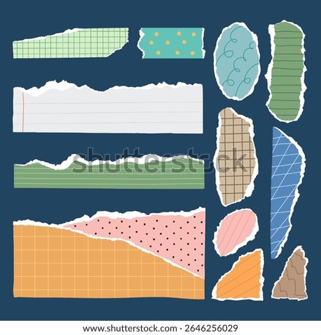 Collection of torn paper scraps with various patterns: grid, polka dots, stripes. Torn paper, colorful designs, and textured patterns create a vibrant collage. Colorful patterned element vector set.