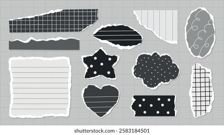 Collection of torn paper shapes in black and white. Includes stars, hearts, and clouds. Torn paper, black and white, various shapes, creative design elements. Gray element vector set.